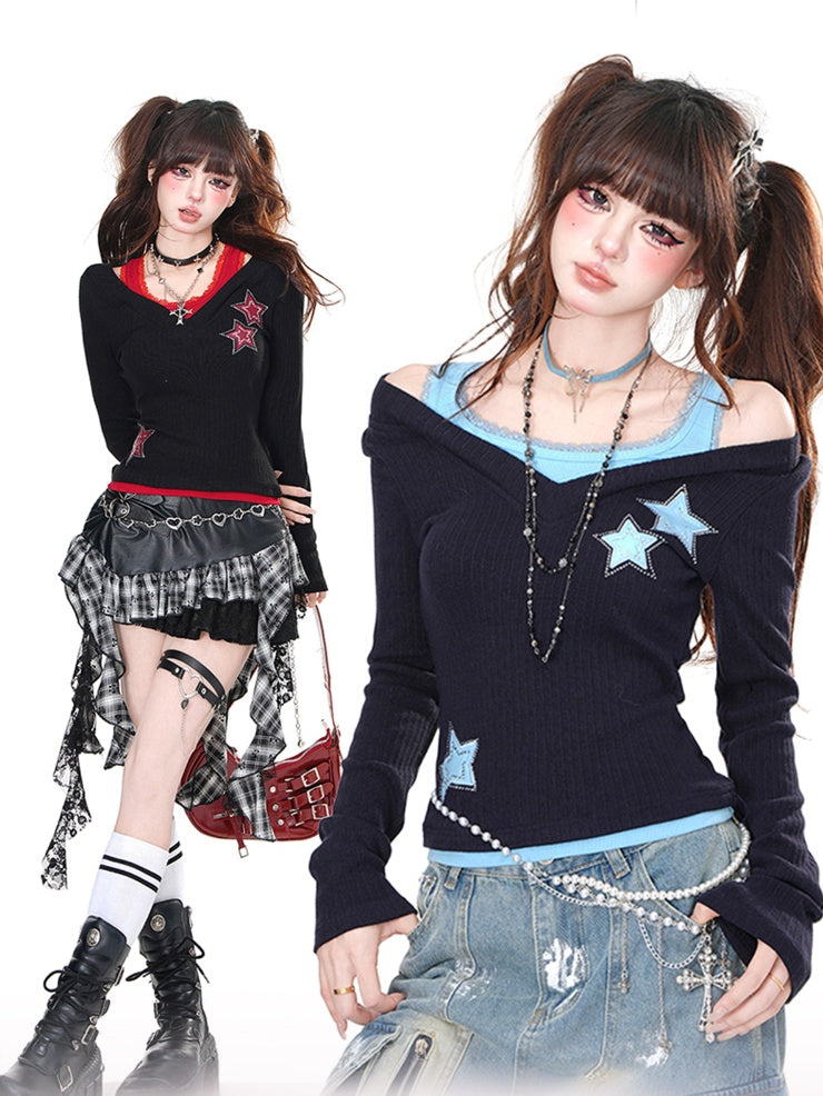 Black Blue/Black Red Rhinestone Star Glamorous Top