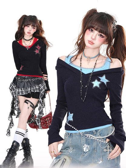 Black Blue/Black Red Rhinestone Star Glamorous Top