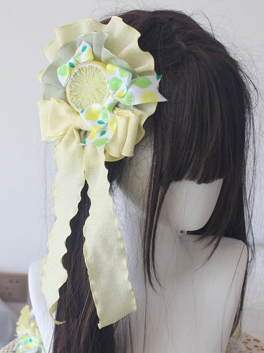 Yellow Hairclip Lemon Print Details Green Bowknot with