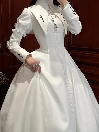 Cross Nun Lolita Trimmed White Short Sleeves Lace Embroidery with Dress
