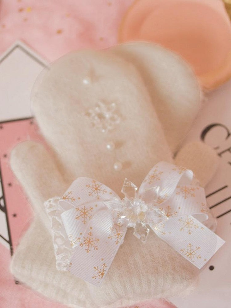 Sweet Lolita Snowflake Bowknot Plush Gloves