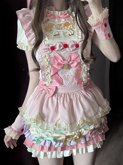 Kawaii Pink 3D Horse Embroidery Short Sleeve Blouse with Bow Layered Ruffle Skirt Set - Sweet Dream Box