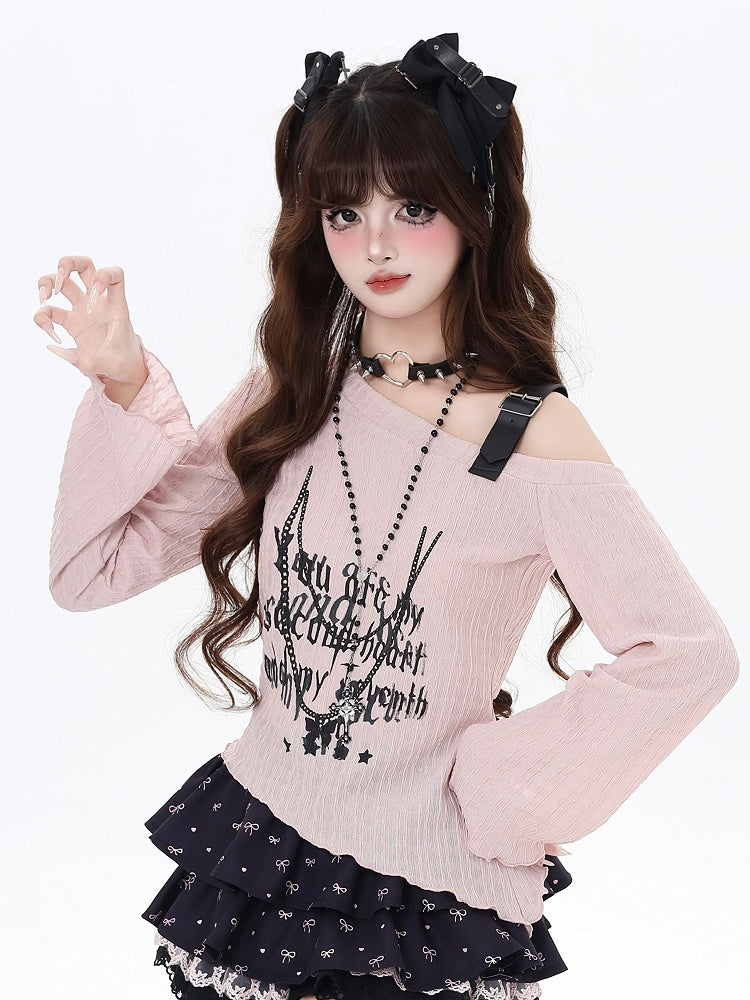 Top Pink/Black Strap Graphic Asymmetrical Neckline PU Buckle