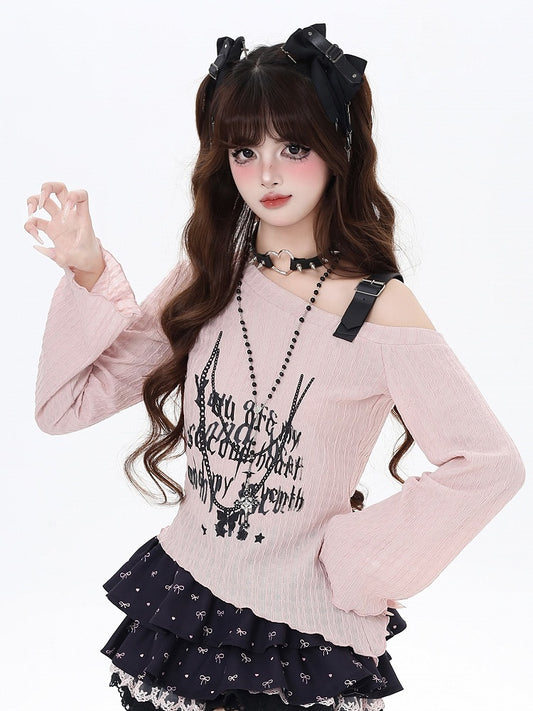 Top Pink/Black Strap Graphic Asymmetrical Neckline PU Buckle