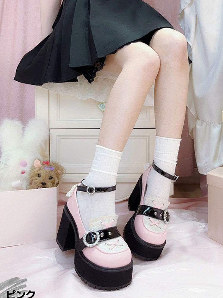 Kei Style Heels Schuhe Schwarz Jirai und Pink Landmine Chunky Platform