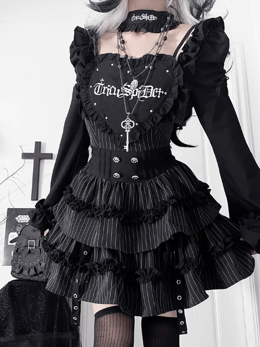 オフショルダーのレターネックラインプリントベルブラックスリーブストライプゴシックドレス