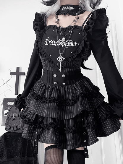 オフショルダーのレターネックラインプリントベルブラックスリーブストライプゴシックドレス