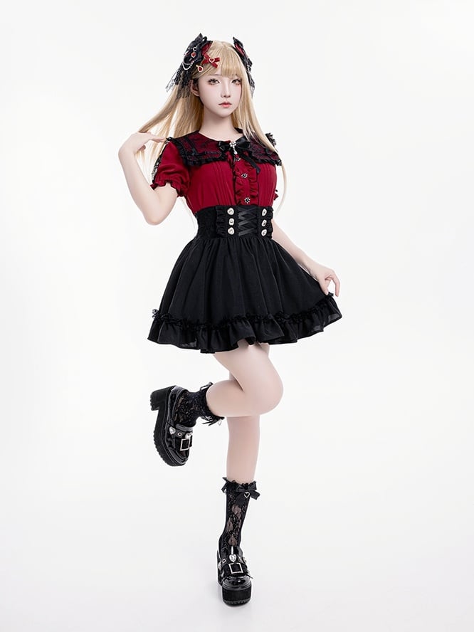 Detail Corset Hem High-Waist Kei Black with Skirt Jirai Ruffle