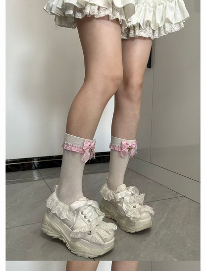 - Lolita Socks Plaid Kei Bow Ankle/Mid-Calf Pink Jirai with Length Style Sweet White