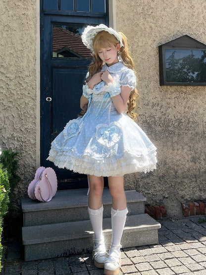 White Dot Applique Dress Sweet Accents with Blue Bow Polka Sweetheart Lolita Heart