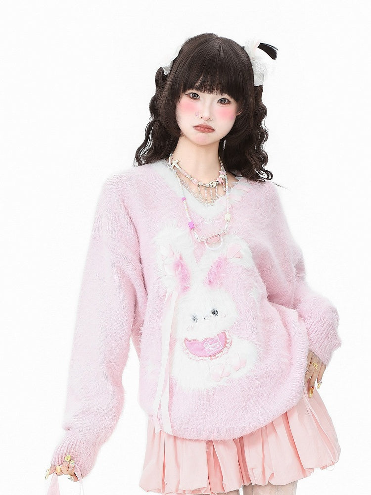 Decorative Motif Strap Sweater Kawaii V-neck Bunny Self-tie - Daily Blue/Pink