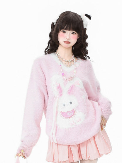 Decorative Motif Strap Sweater Kawaii V-neck Bunny Self-tie - Daily Blue/Pink