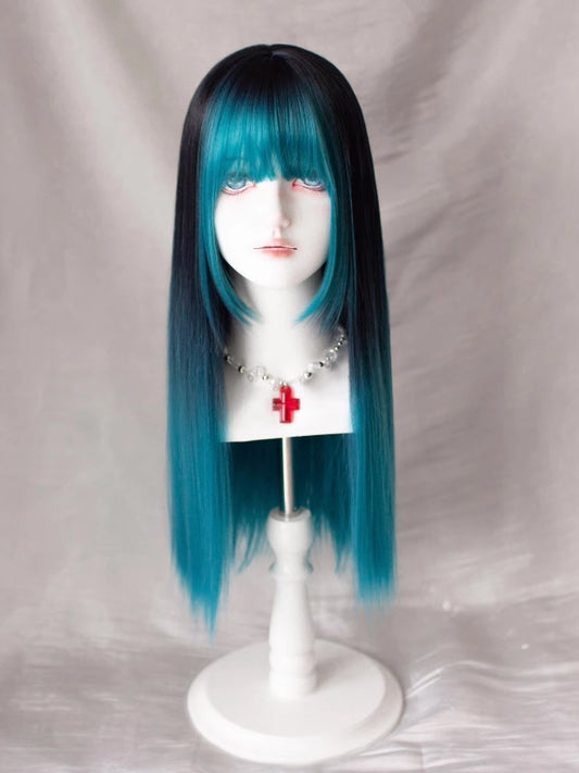 グリーン、前髪あり、エアブラック、オンブレ、長さ68cm、ストレート