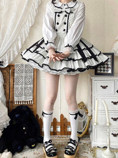 Black Lace Accents Ruffle Sweet Striped Dress Trim with Bow and Layered Overall Lolita