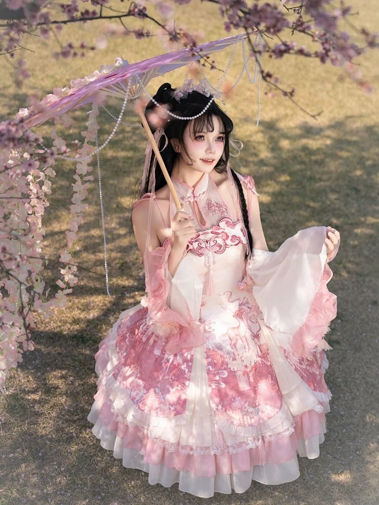 Dress Qi Cheongsam Sakura Skirt Lolita Print Jumper Pink Style