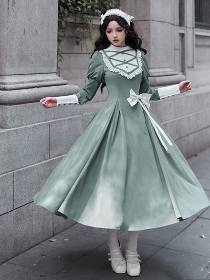 Grünes elegantes Juliette-Ärmelkleid Nonne Lolita Langarm Einteiler
