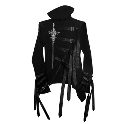 Top Print Stacked Sword PU Gothic Asymmetrical Decorated - Buckle Strap Black Collar