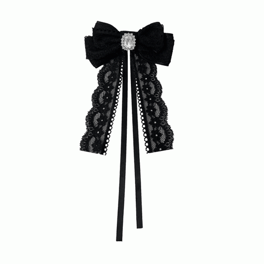 Lace Bow Tie with Rhinestone Decoration Jirai Kei Black