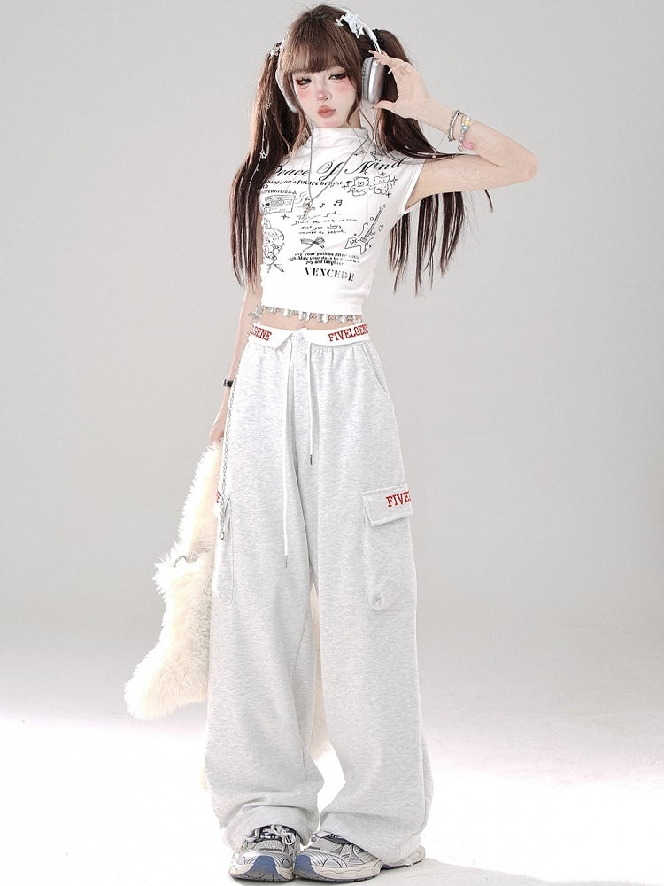 Pants Letter - Waistband Wide-Leg Pockets Gray Foldover Embroidered