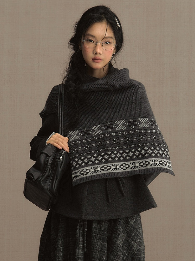 Vintage Fair Isle Jacquard Shawl- Cozy High Neck Pullover for Fall/Winter Dark Gray