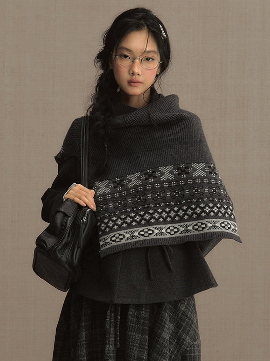 Vintage Fair Isle Jacquard Shawl- Cozy High Neck Pullover for Fall/Winter Dark Gray