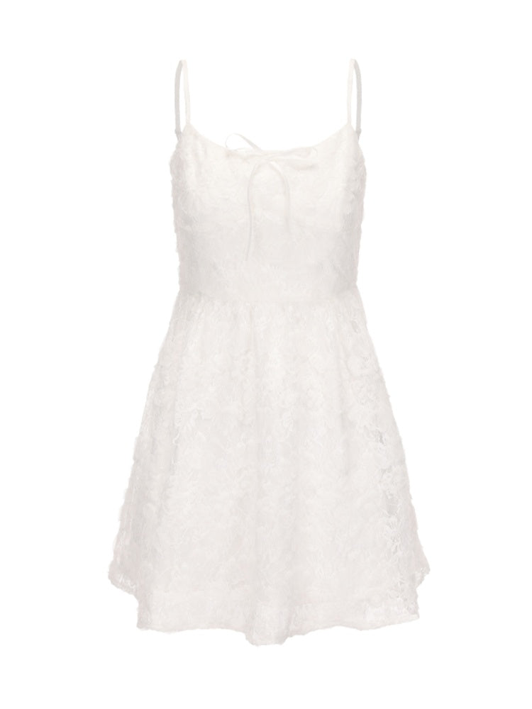 Cami Dress with Self-Tie Bow Elegant Lace White Thigh-length