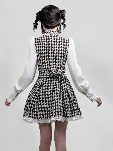 Kei Design Long One-Piece with White Details Black Dress Choker Houndstooth Jirai Lace Sleeve