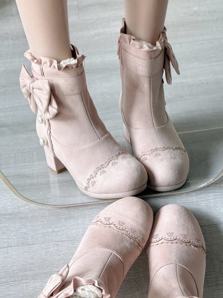 Elegant Lolita Decor Ankle Heel - with Collar Ruffle Mid Pink Boots Bead