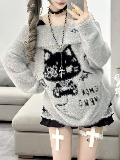 Faux with Gray/Black Cat Off-Shoulder Motif Sweater Fur