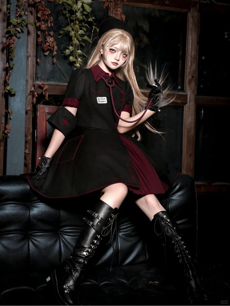 Schwarzes und rotes Halloween-Kostüm für Krankenschwestern, Lolita-Kleid, komplettes Set