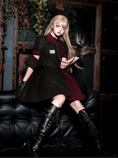 Schwarzes und rotes Halloween-Kostüm für Krankenschwestern, Lolita-Kleid, komplettes Set