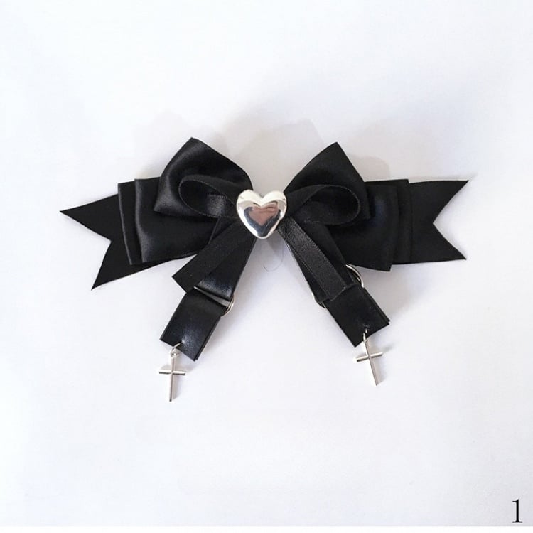 Rhinestone Pink Kei Cross Heart-Shaped and Charms Bow Hairclips Black/Black Jirai with