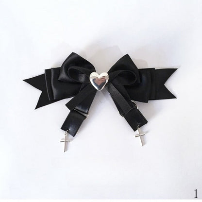 Rhinestone Pink Kei Cross Heart-Shaped and Charms Bow Hairclips Black/Black Jirai with