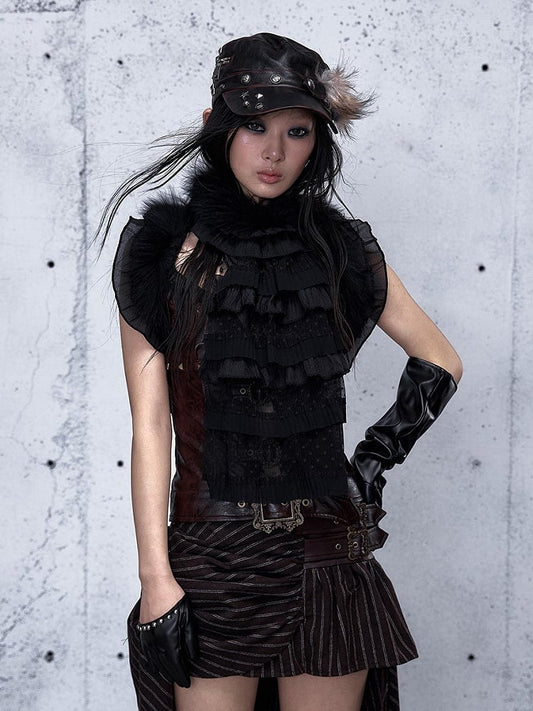 Delicate Lace Vintage Plush Layered Punk Scarf Ruffles - Black