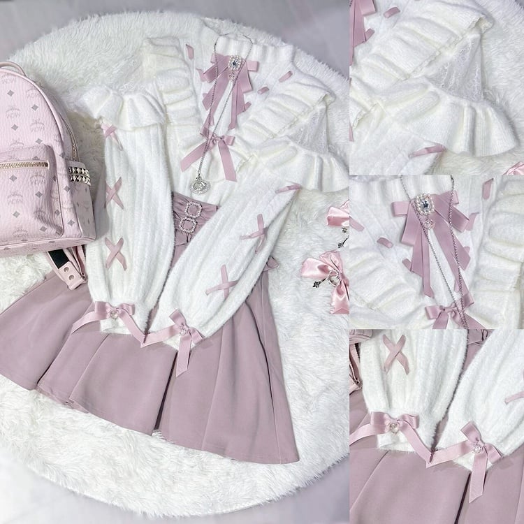 Soft Lace Top: in Faux White Jirai Kei Knit Criss-Cross Shoulder Pink Cutouts Sleeve Style Mink