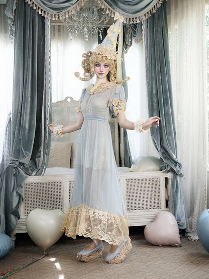 Antique-Inspired Baby Blue Sheer Tulle Dress with Apricot Lace Details - Blood Supply