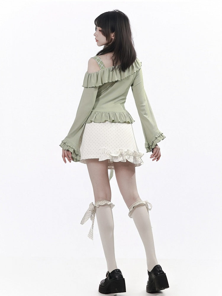 Asymmetrical Polka Dot Ruffled Skirt with Plaid Belt and Shorts - PINK SAVIOR
