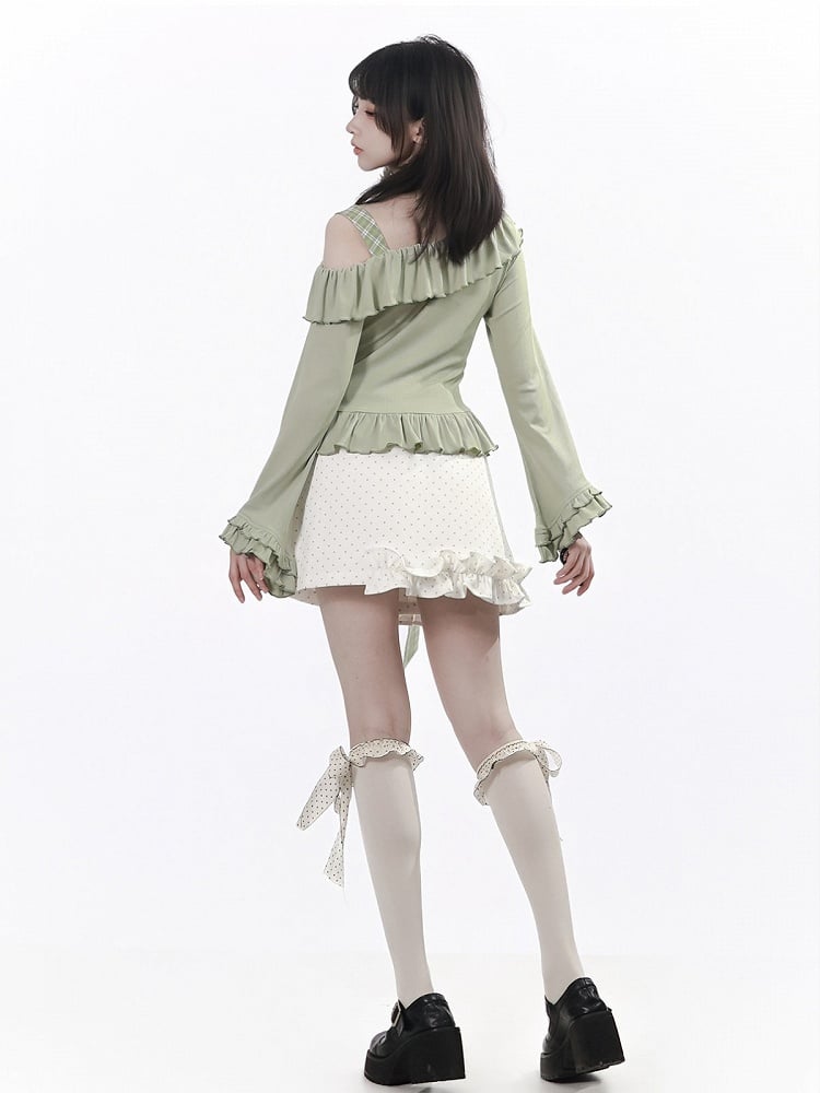Light Green Asymmetrical Flare Sleeve Top with Ruffle and Leaf Embroidery - PINK SAVIOR