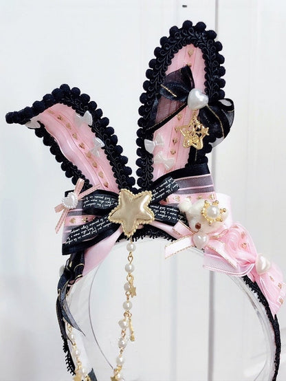 ビーズ付きバニースター グリーン/ブラックピンク ぬいぐるみクマと装飾耳 KCチャーム