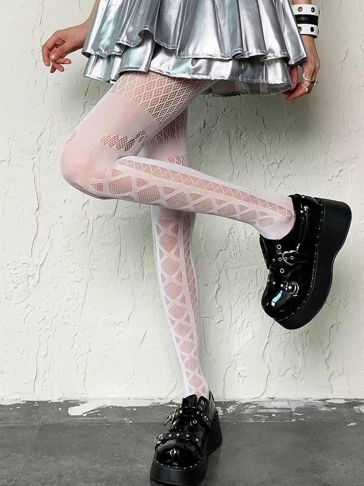 Pattern Tights Diamond Banded Crisscorss White Y2K