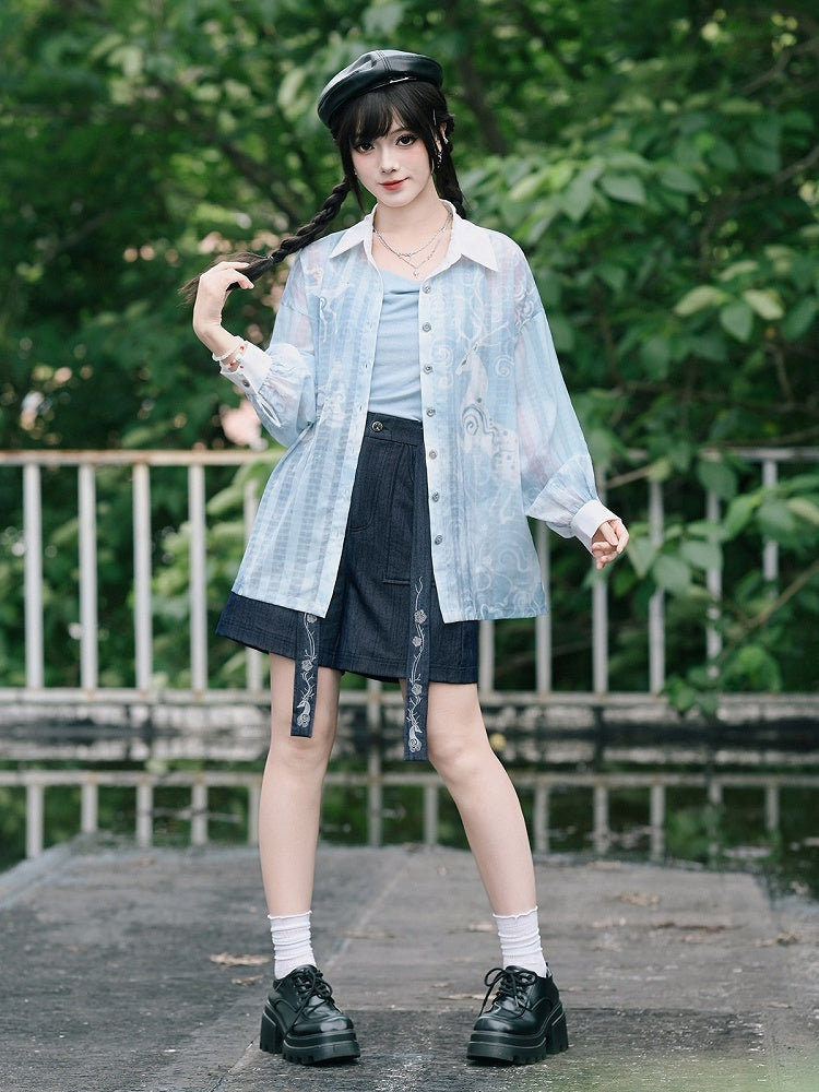 Blue Loose Sun Protection Chiffon Long Sleeve Shirt with Deer Print - Quirky Hut