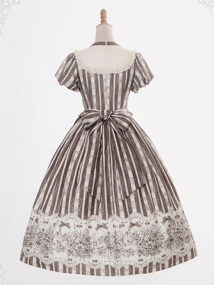 Bodice Pattern and Bowknot Lolita Piece Classic Embroidery Version Brown Long One Striped Floral