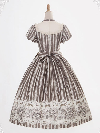 Bodice Pattern and Bowknot Lolita Piece Classic Embroidery Version Brown Long One Striped Floral