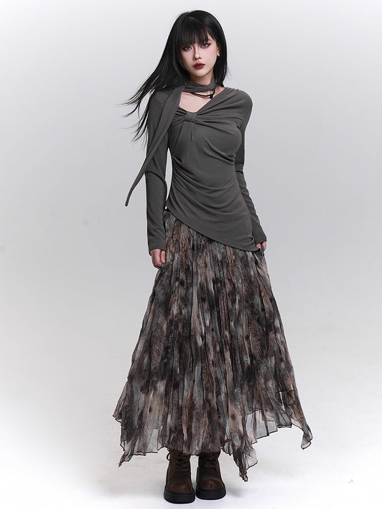 Gray/Black Long Sleeve Top with Gathering Details and Asymmetrical Neckline