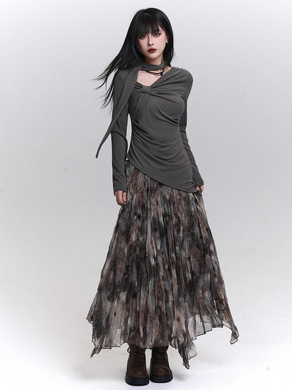 Gray/Black Long Sleeve Top with Gathering Details and Asymmetrical Neckline