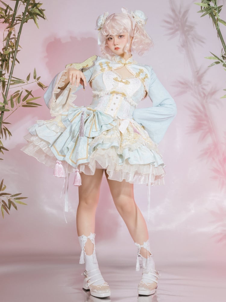 Light Green and Pink Chinoiserie Qi Lolita Corset JSK Set