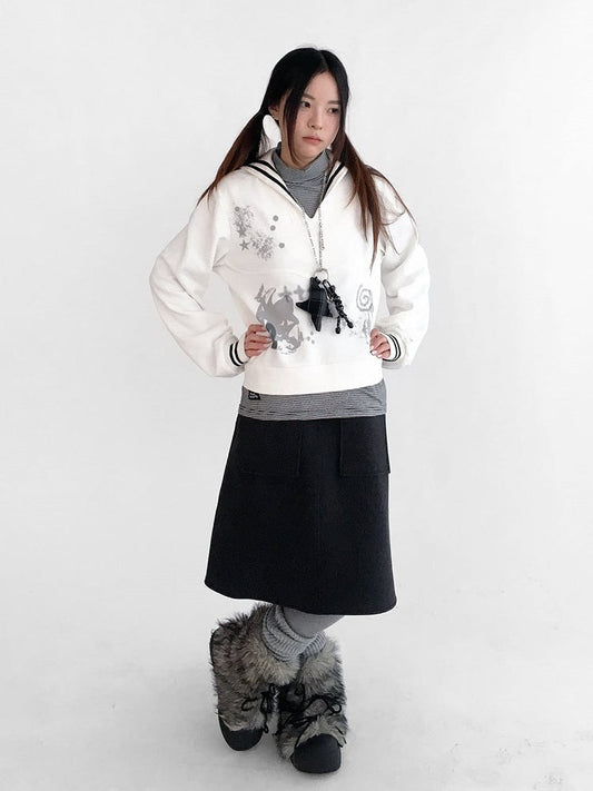White Vintage Sailor Kawaii Fashion Sweatshirt Printed Collar