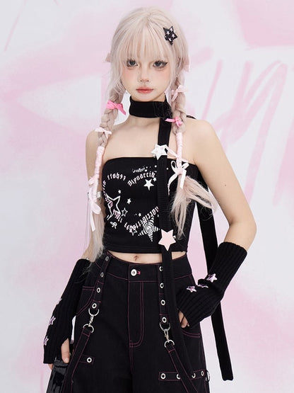 Black/White Stars Print Strapless Top with Free Scarf