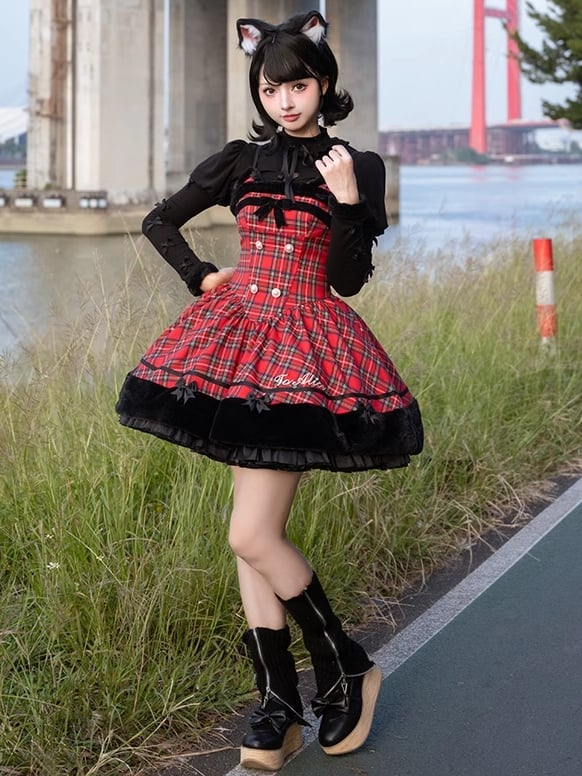 Weihnachten Rote Katzenohren Plüsch Saum Plaid Kleid Lolita Pullover Rock