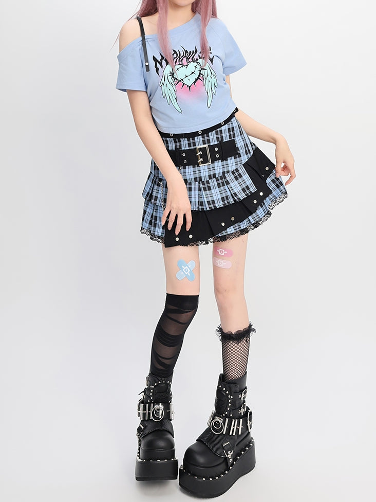 Y2K ライトブルー バックルストラップ ティアード チェックスカート